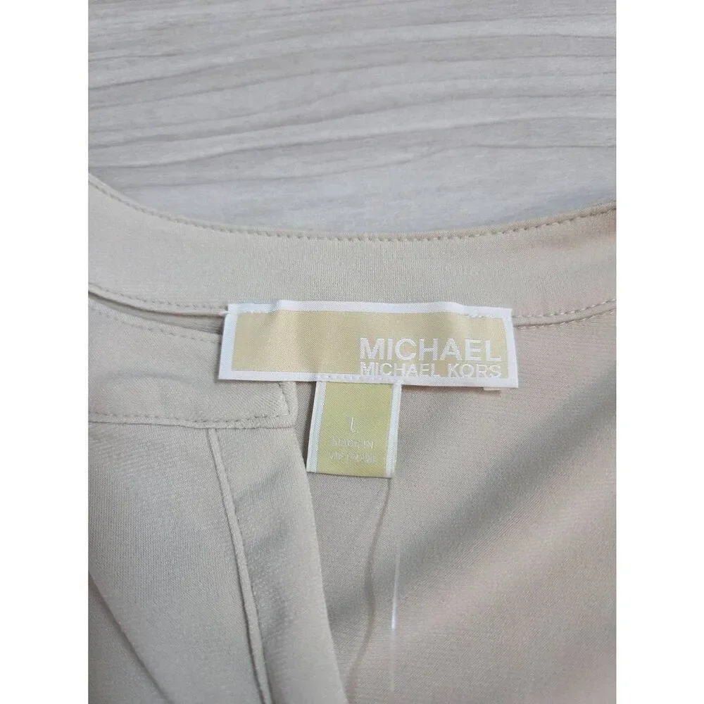 Michael Kors Dune Beige Zip Front Long Sleeve Blouse L NWT